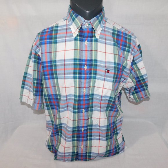 Vintage 90s Tommy Hilfiger Mens L Plaid Button Front Short Sleeve Shirt - Picture 1 of 10